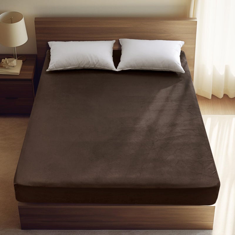 PHF Ultra Soft Velvet Fitted Sheet Queen Size  16"" Deep Pocket with Wider Stronger Elastic Band  Easy Fit Easy Care  1 Pack Cozy Comfy Flannel Bottom Sheet for All Seasons  No Pillowcases  Dark Brown - Image 1