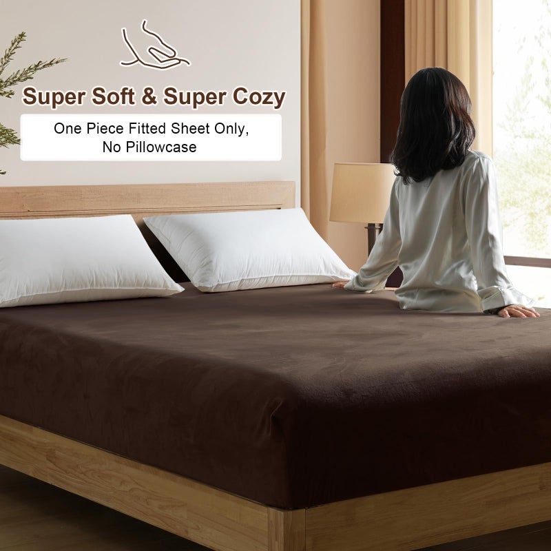 PHF Ultra Soft Velvet Fitted Sheet Queen Size  16"" Deep Pocket with Wider Stronger Elastic Band  Easy Fit Easy Care  1 Pack Cozy Comfy Flannel Bottom Sheet for All Seasons  No Pillowcases  Dark Brown - Image 4