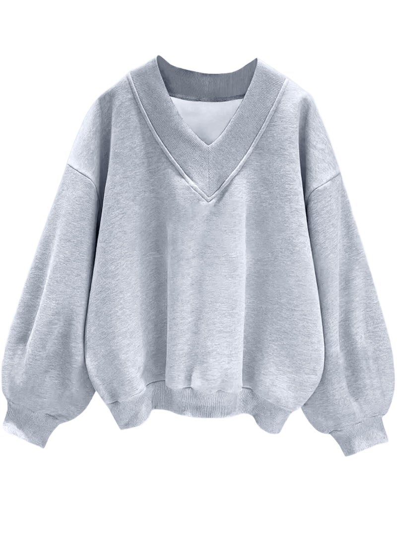 Hilinker Women's V Neck Oversized Sweatshirts Cute Pullover Drop Shoulder Long Sleeve Tops Small Grey - Image 1