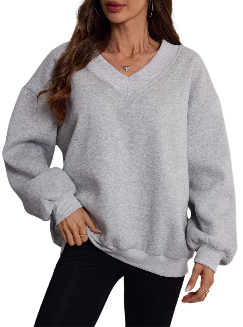 Hilinker Women's V Neck Oversized Sweatshirts Cute Pullover Drop Shoulder Long Sleeve Tops Small Grey - Image 2