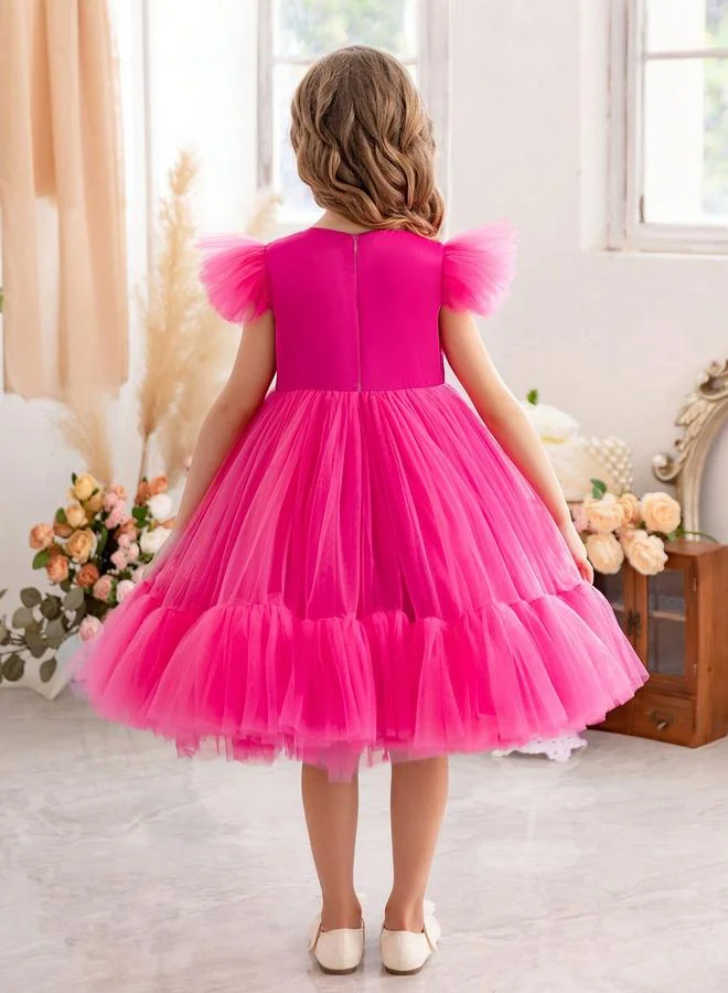 تايك تو Girls Magenta A-Line Tulle Dress with Ruffle Details