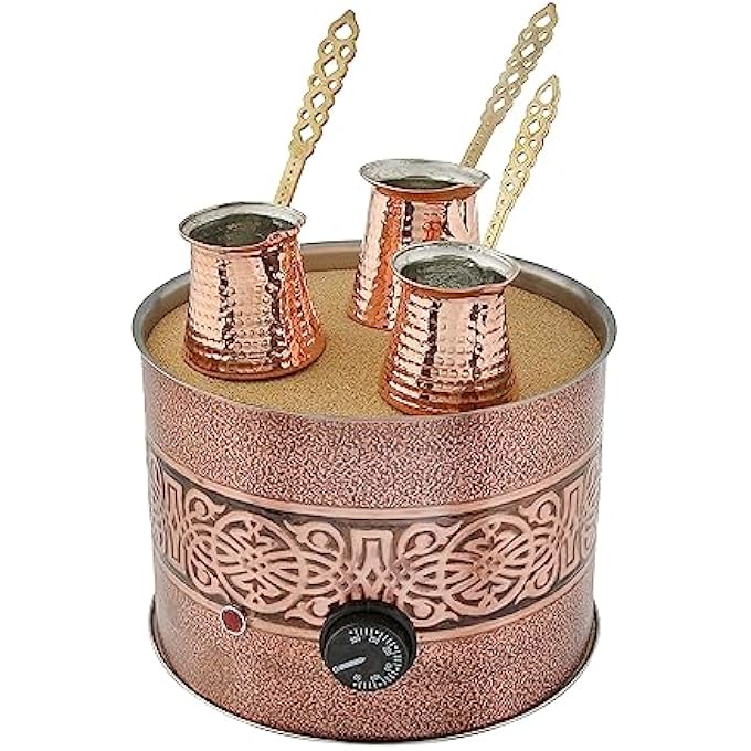 rayihni Antique Authentic Turkish Copper Electric Hot Sand Medium Coffee Maker Heater Machine  Turkish Sand Coffee Maker With 3 Turkish Coffee Pot - Image 1