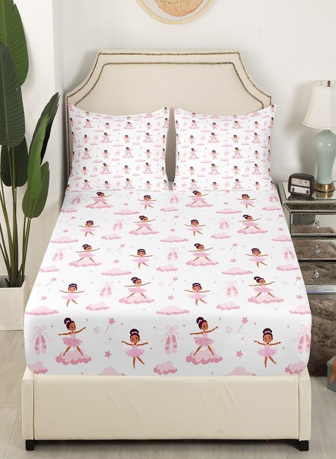 Castle Fairy Ballerina Girl Bedding Set Twin Size Pink Ballet Shoes Bed Set for Girls Teens Bedroom Decor Kids Stars Clouds Fitted Sheet Soft Cartoon Dreamy Bed Cover(1 Fitted Sheet+1 Pillow Case) No Flat Sheet - Image 1