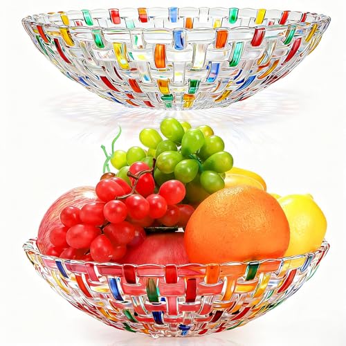 Tlence 2 Pack Colorful Crystal Glass Fruit Bowls, 10" Hand Painted Woven Art Glass Bowl, Decorative Large Plate to Display Salad Dessert Cake Candy Snack for Home Office Wedding Centerpiece Decor - Image 1