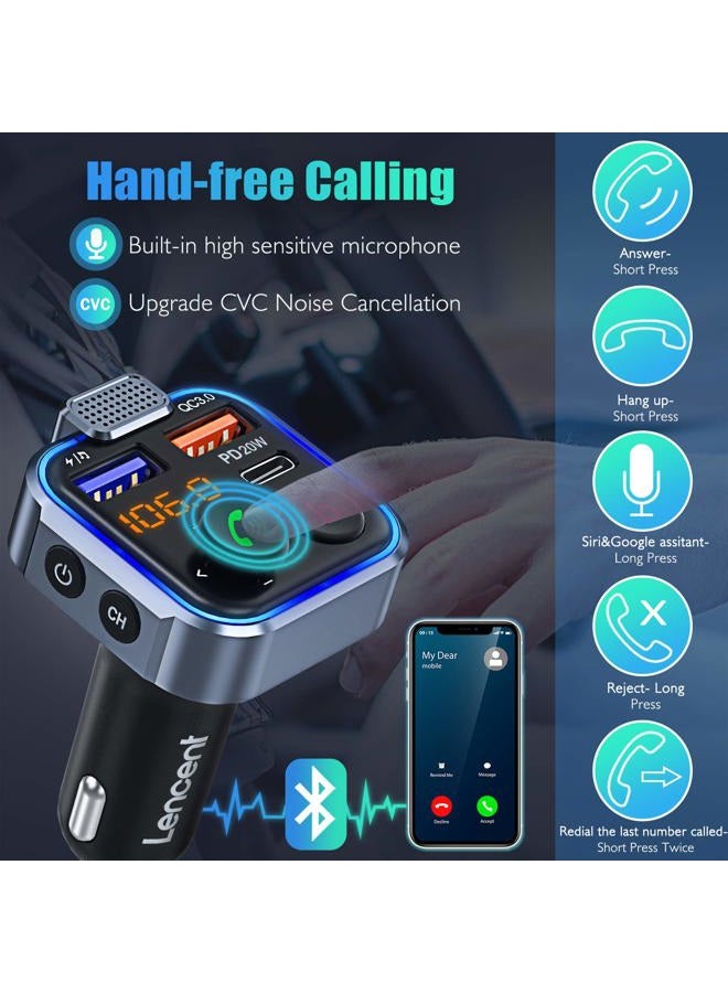 Lencent FM Transmitter in-Car Adapter, Type-C PD 20W+ QC3.0 Fast USB Charger, Wireless Bluetooth 5.3 Radio Car Kit, Hands-Free Calling, MP3 Player Receiver Hi Fi Bass, Support U Disk - Image 5