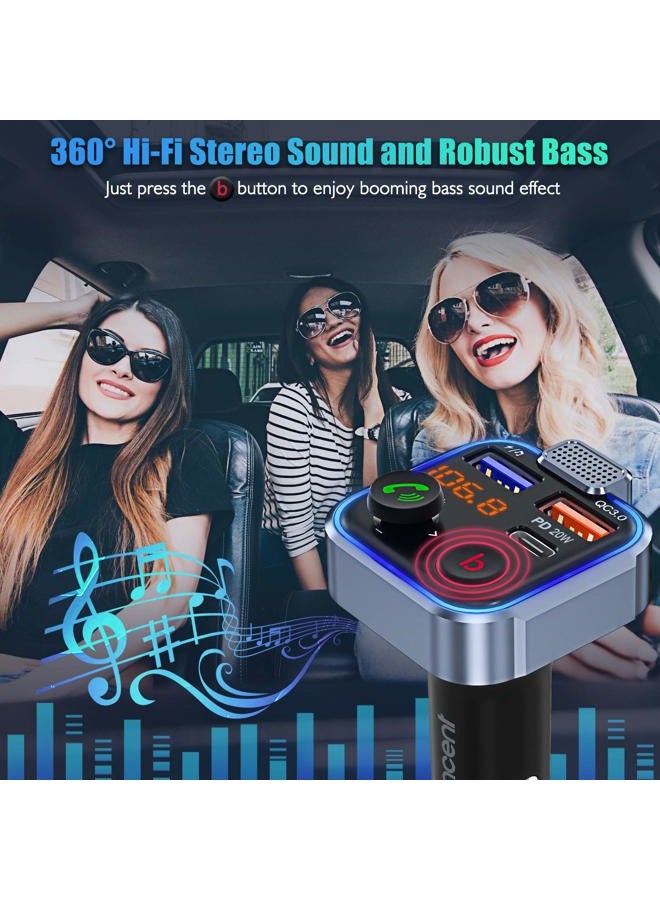 Lencent FM Transmitter in-Car Adapter, Type-C PD 20W+ QC3.0 Fast USB Charger, Wireless Bluetooth 5.3 Radio Car Kit, Hands-Free Calling, MP3 Player Receiver Hi Fi Bass, Support U Disk - Image 2