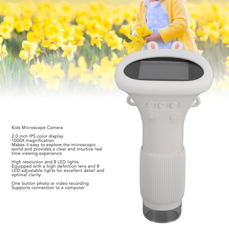 White Handheld Digital Microscope For Kids 2 Inch Screen 1000X Magnification With 8 LED Lights - Image 3