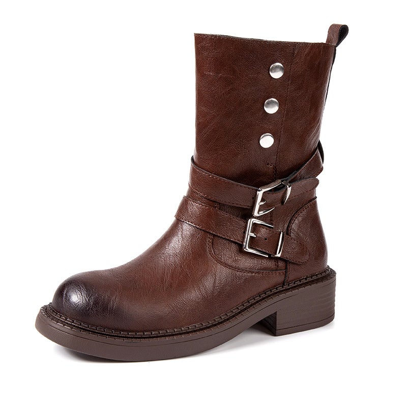 Round Toe Belt Buckle Motorcycle Boots Fashion Versatile British Style Medium Thick Heel Short Boots Western Cowboy Boots - Image 1