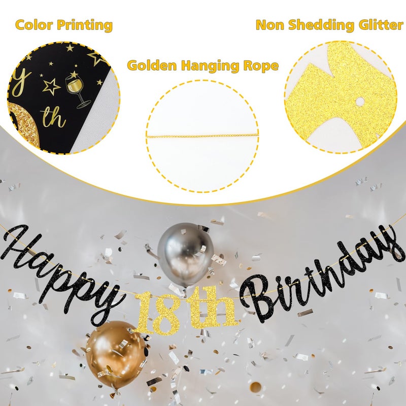 MAGLAUG 18th Birthday Decorations Banner Boys Girls, Black Gold Happy 18thBirthday Banners for Girls Boys (Birthday 18th) - Image 4