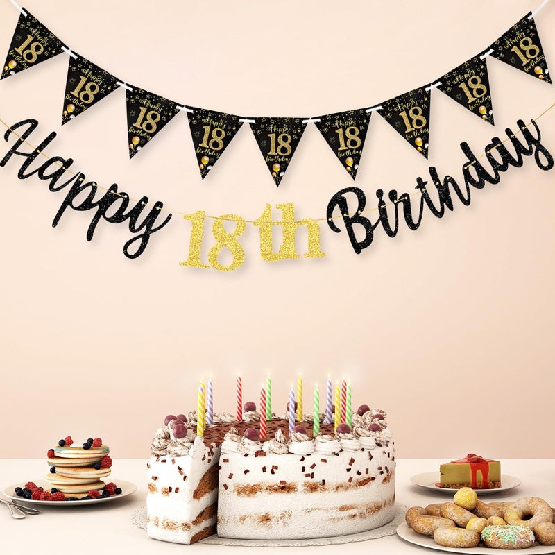 MAGLAUG 18th Birthday Decorations Banner Boys Girls, Black Gold Happy 18thBirthday Banners for Girls Boys (Birthday 18th) - Image 2