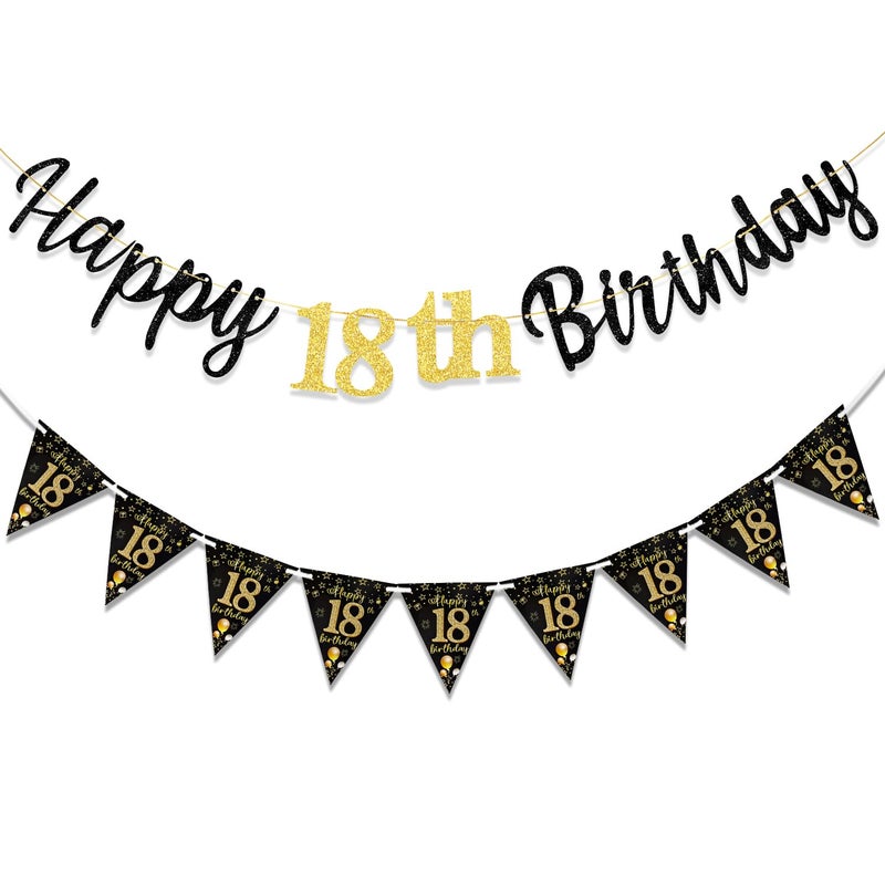MAGLAUG 18th Birthday Decorations Banner Boys Girls, Black Gold Happy 18thBirthday Banners for Girls Boys (Birthday 18th) - Image 1
