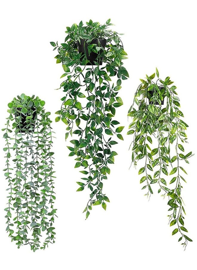 HAWAWA 3 Pack Artificial Hanging Plants, Plastic Fake Potted Greenery Faux Eucalyptus Vine, Mandala Vine, Pea pod Leaves in Pot for Home Shelf Wall Office Indoor Outdoor Room Decor Green  - Image 1