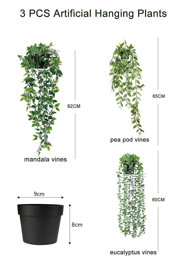HAWAWA 3 Pack Artificial Hanging Plants, Plastic Fake Potted Greenery Faux Eucalyptus Vine, Mandala Vine, Pea pod Leaves in Pot for Home Shelf Wall Office Indoor Outdoor Room Decor Green  - Image 3