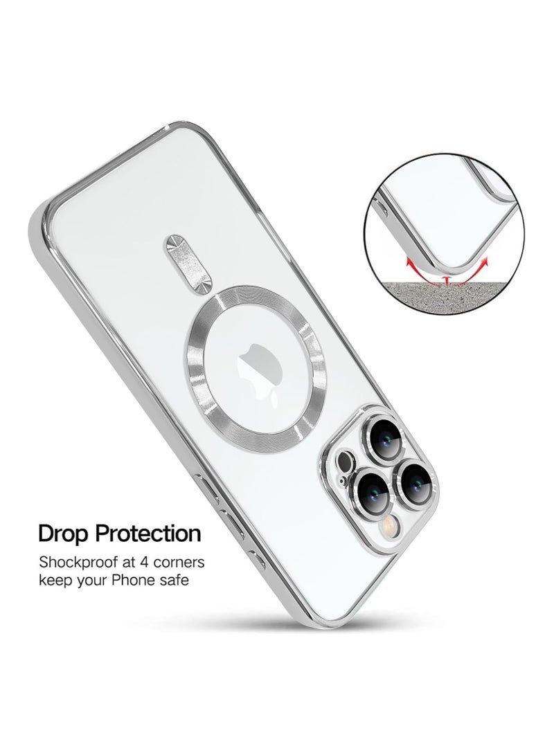 Magnetic Soft Case for iPhone 16 Pro 6.3-Inch, Camera Lens Full Protection, Compatible with MagSafe Wireless Charging, Shockproof Electroplated TPU Phone Cover - Silver - Image 3