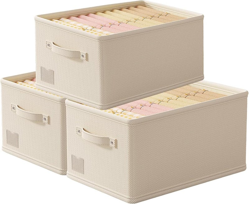 XVersion Foldable Closet Organizer 3-Pack - 47L x 28W x 21H Drawer Storage for Wardrobe, Cabinet & Laundry Room Beige Folding Shelves Space-Saving Clothes Storage- Beige Foldable - Image 1