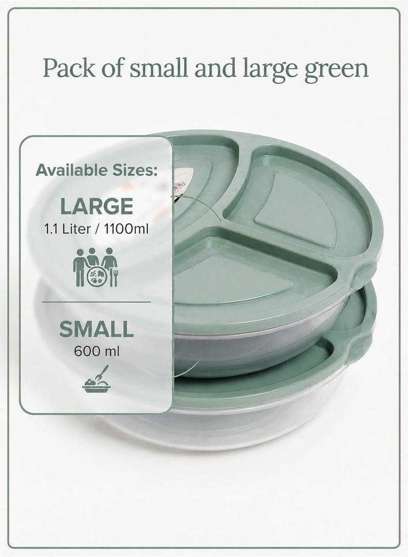 3-Compartment Food Storage Container Bundle with Lids – BPA-Free Meal Prep Lunch Boxes, Microwave, Freezer & Fridge Safe – 1.1L + 600ml, Durable Reusable Food Containers (Green) - Image 1
