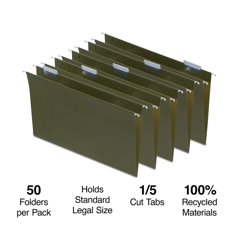 Staples مجلدات ملفات معلقة من ستابلز، 1/5-قطع تاب، حجم قانوني، تشمل التبويبات وإدخالات الورق، مثالية للمنزل، المكتب، الفصل الدراسي، 50-عبوة، أخضر - Image 2