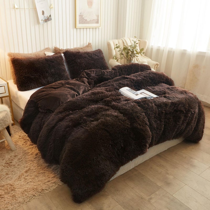 XeGe Plush Shaggy Brown Duvet Cover Luxury Ultra Soft Velvet Fuzzy Bedding 1PC1 Faux Fur Duvet Cover Fluffy Furry Comforter Cover for Bedroom Home Decoration Zipper ClosureQueen Coffee