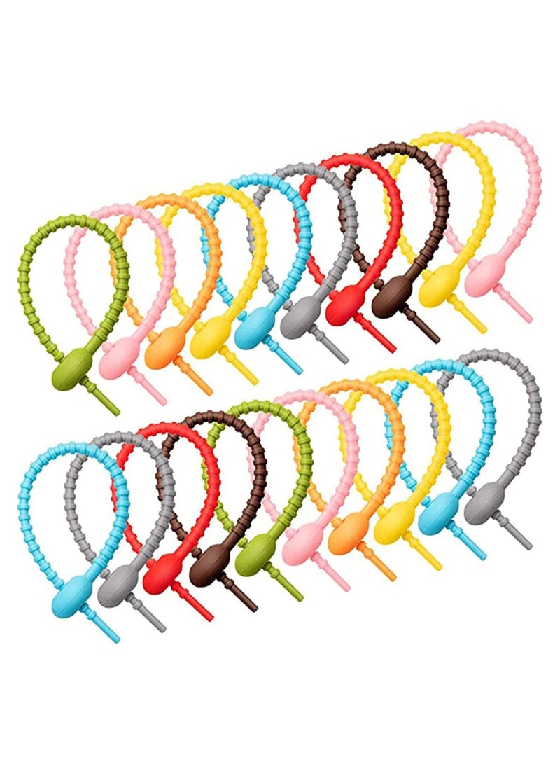 Captaintech 20 Pieces Colorful Silicone Ties Bag Clip, Cable Straps, Bread Tie, Reusable Rubber Twist Tie, All-Purpose Silicone Ties, Cable Ties,Silicone Cord,Household Snake Ties, Bag Sealing Clips - Image 1