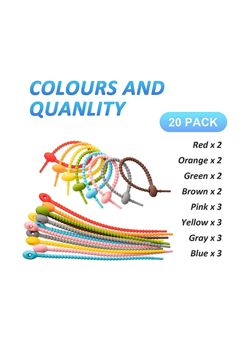 Captaintech 20 Pieces Colorful Silicone Ties Bag Clip, Cable Straps, Bread Tie, Reusable Rubber Twist Tie, All-Purpose Silicone Ties, Cable Ties,Silicone Cord,Household Snake Ties, Bag Sealing Clips - Image 2