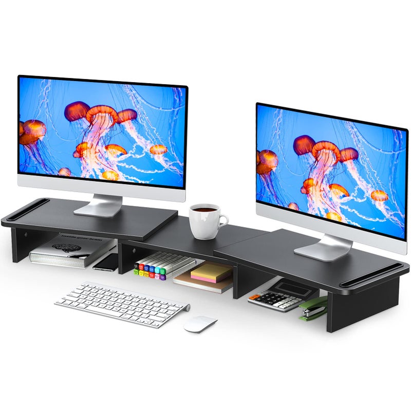 Zimilar Dual Monitor Stand Riser, Monitor Stand with Adjustable Length and Angle, Wood Monitor Stand for Desk, Monitor Riser for 2 Monitors with Storage Space - Image 1