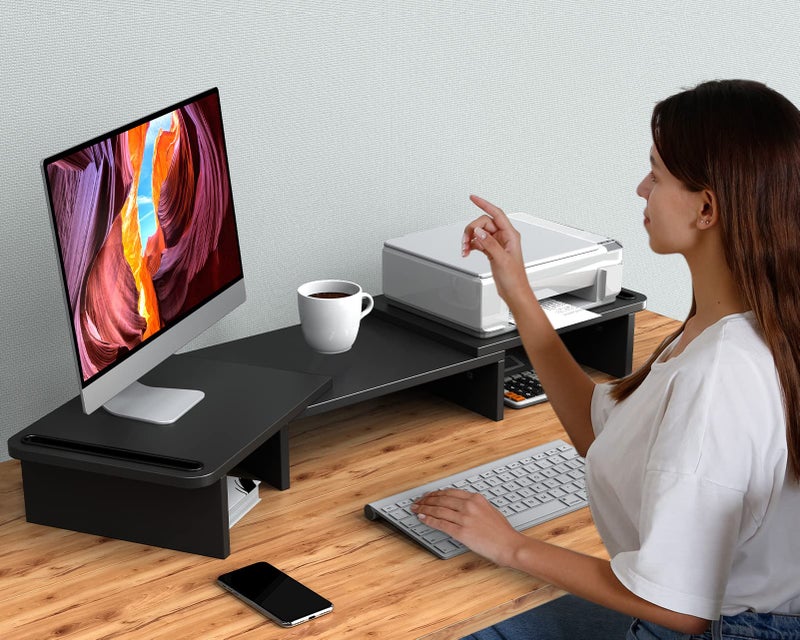 Zimilar Dual Monitor Stand Riser, Monitor Stand with Adjustable Length and Angle, Wood Monitor Stand for Desk, Monitor Riser for 2 Monitors with Storage Space - Image 5