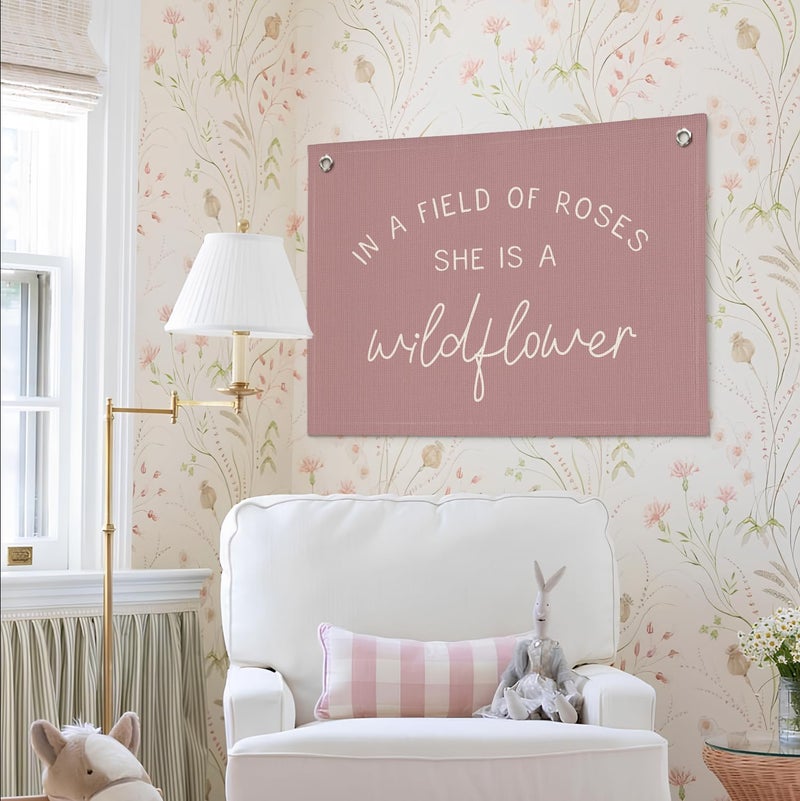 Wheatwin Girls Room Decor, Wildflower Nursery Decor, In a Field Full of Roses She Is a Wildflower Banner, Pink Linen Banner Flag Decor for Little Girl Baby Girl, Girls Room Wall Decor Canvas Banner - Image 4