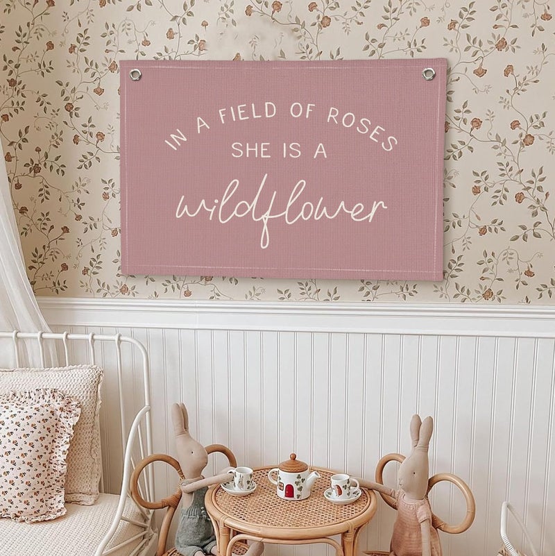 Wheatwin Girls Room Decor, Wildflower Nursery Decor, In a Field Full of Roses She Is a Wildflower Banner, Pink Linen Banner Flag Decor for Little Girl Baby Girl, Girls Room Wall Decor Canvas Banner - Image 5