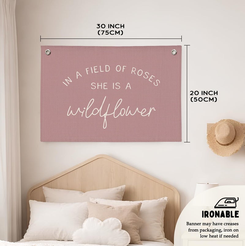 Wheatwin Girls Room Decor, Wildflower Nursery Decor, In a Field Full of Roses She Is a Wildflower Banner, Pink Linen Banner Flag Decor for Little Girl Baby Girl, Girls Room Wall Decor Canvas Banner - Image 2