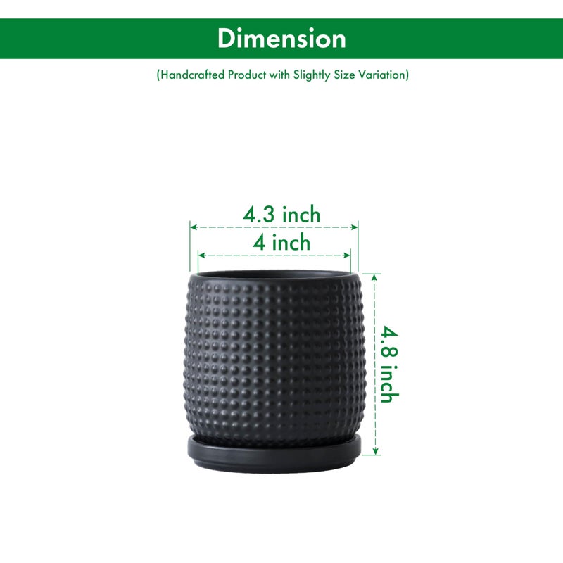 D'vine Dev 4 Inch Ceramic Beaded Stoneware Planter Pot - Flower Pot with Drainage Holes and Saucers for Indoor Succulent Plants or Flowers, Ebony Matte, 27-C-Z-6 - Image 3