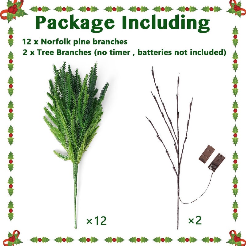 trytuny Christmas Norfolk Pine Branches, 12 Bundles Artificial Xmas Greenery Leaves Stems and 2PCS Tree Branches for DIY Garlands, Wreaths, Crafts, Holiday and Home Centerpiece Table Decorations - Image 2