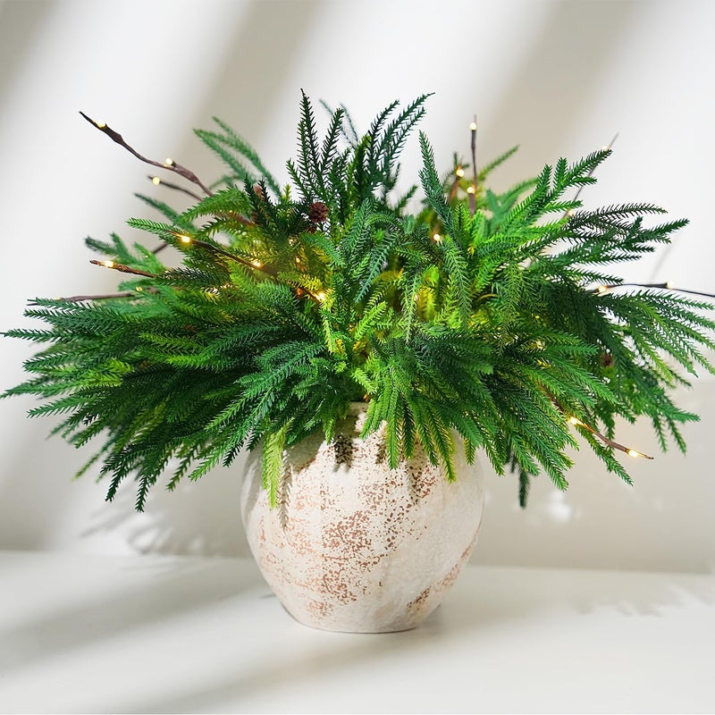 trytuny Christmas Norfolk Pine Branches, 12 Bundles Artificial Xmas Greenery Leaves Stems and 2PCS Tree Branches for DIY Garlands, Wreaths, Crafts, Holiday and Home Centerpiece Table Decorations - Image 1