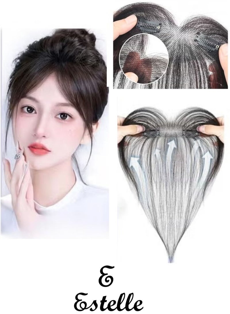 إستيل أغطية شعر للنساء، أغطية شعر بشري حقيقي، قطع شعر للنساء ذوات شعر رقيق، أغطية شعر بشري مع وصلات شعر بمشبك في وصلات الشعر (أسود طبيعي، قاعدة 2 × 12 سم، طول الشعر 25 سم، مفرود) - Image 1