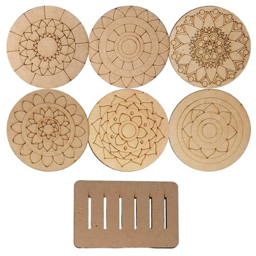 KRAFTELLA DIY Premarked Do It Yourself MDF Coaster Set of 6 Mandala Art Wooden Coasters and Stand for Art and Craft for Kids Pre-Etched Design for Painting Fit for Tea Cups, Coffee Mugs and Glasses - Image 2