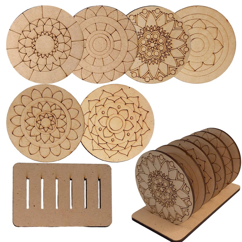 KRAFTELLA DIY Premarked Do It Yourself MDF Coaster Set of 6 Mandala Art Wooden Coasters and Stand for Art and Craft for Kids Pre-Etched Design for Painting Fit for Tea Cups, Coffee Mugs and Glasses - Image 5