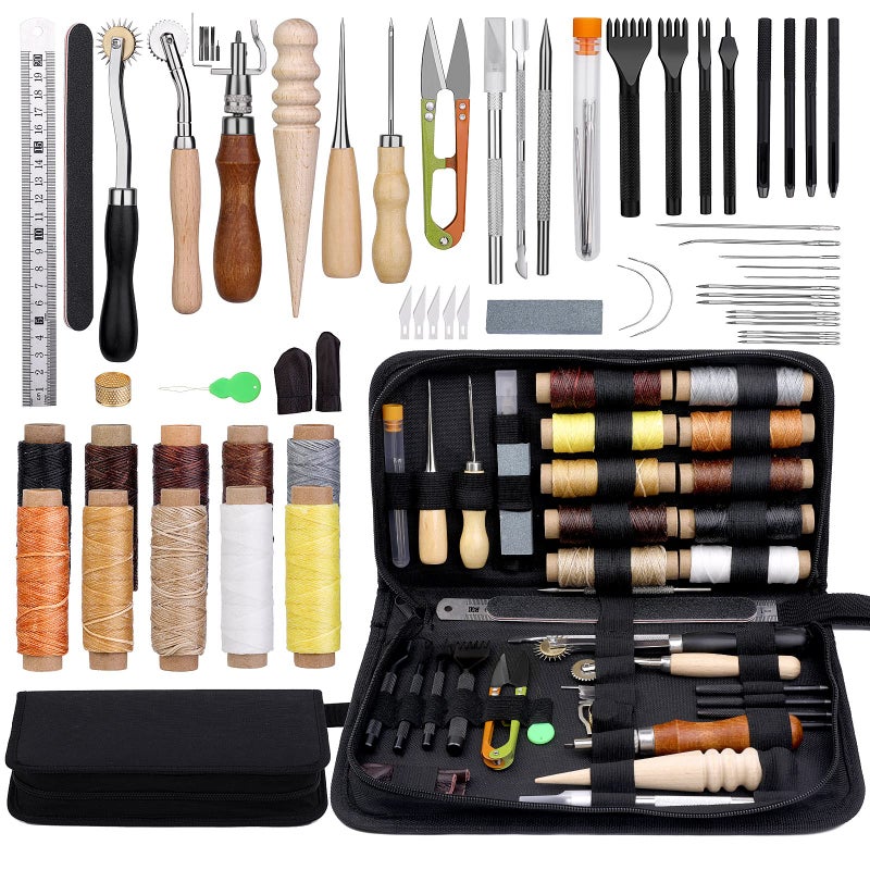 Leather Working Tools Leather Craft Tools and Supplies Leather Craft Kit with Waxed Thread Stitching Groover Awl for Cutting Punching Leather Sewing Craft Making and Craft DIY