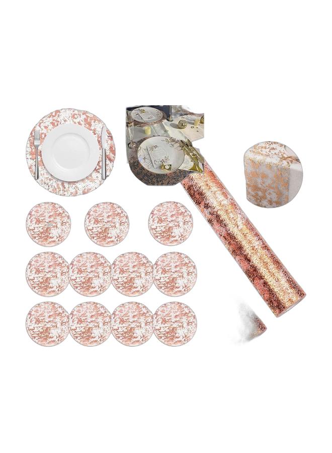 Cynthia 12 Pieces Disposable Round Rose Gold Placemats, 13 Inch Disposable Paper Table Placemats for Picnic Banquet Table Setting, Wedding Birthday Dinner Party Decoration & 2PC 16.4ft Rose Golden Mesh Table Runner Set - Open Weave Non-waterproof Decoration for Party Dining Table Cover + Luxury Arabic Style Table Decor Table Runner Roll Sequin Thin Mesh Table Runner for Event Party Wedding Birthday Party Gorgeous Table DecorationBundle - Image 1