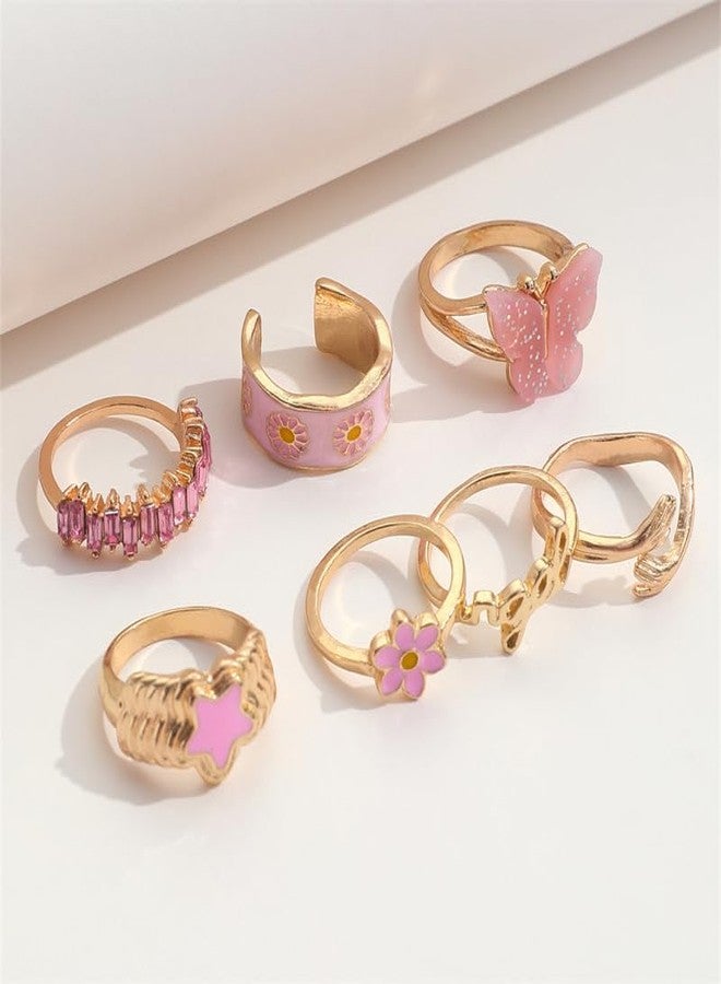 FUTIMELY Boho Gold Knuckle Rings Set for Women,Vintage Stackable Joint Finger Ring Butterfly Heart Flower Hug Sparkling Crystals Ring Set Jewelry (Pink-Butterfly-B) - Image 4