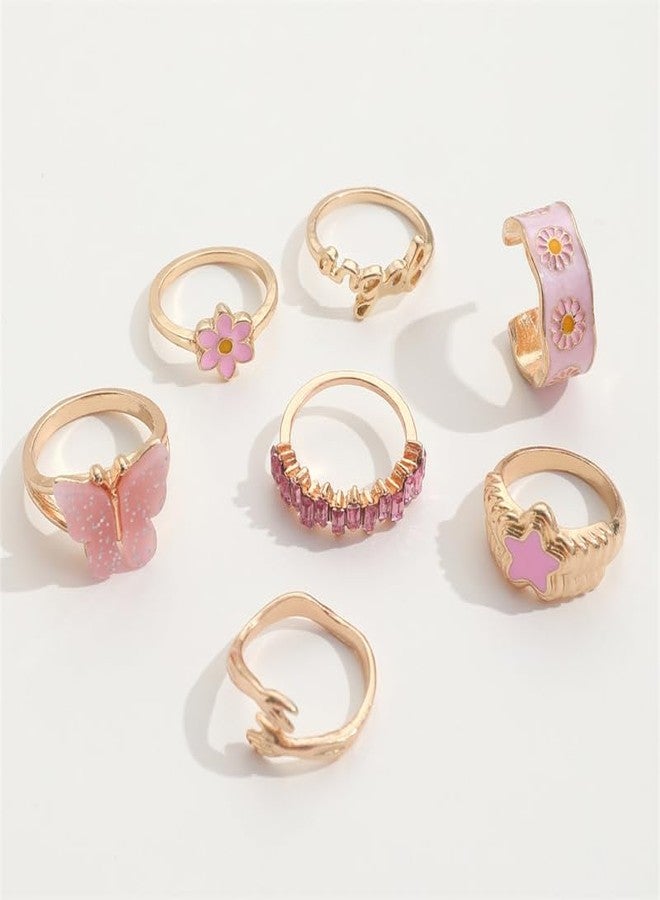 FUTIMELY Boho Gold Knuckle Rings Set for Women,Vintage Stackable Joint Finger Ring Butterfly Heart Flower Hug Sparkling Crystals Ring Set Jewelry (Pink-Butterfly-B) - Image 5