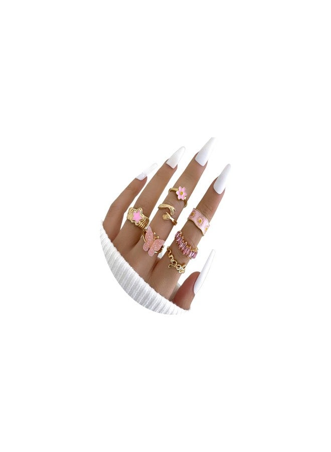 FUTIMELY Boho Gold Knuckle Rings Set for Women,Vintage Stackable Joint Finger Ring Butterfly Heart Flower Hug Sparkling Crystals Ring Set Jewelry (Pink-Butterfly-B) - Image 1