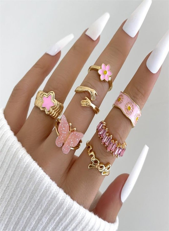 FUTIMELY Boho Gold Knuckle Rings Set for Women,Vintage Stackable Joint Finger Ring Butterfly Heart Flower Hug Sparkling Crystals Ring Set Jewelry (Pink-Butterfly-B) - Image 2