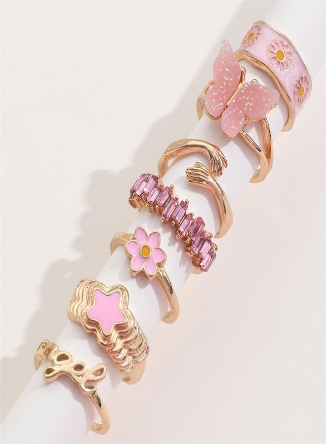 FUTIMELY Boho Gold Knuckle Rings Set for Women,Vintage Stackable Joint Finger Ring Butterfly Heart Flower Hug Sparkling Crystals Ring Set Jewelry (Pink-Butterfly-B) - Image 3