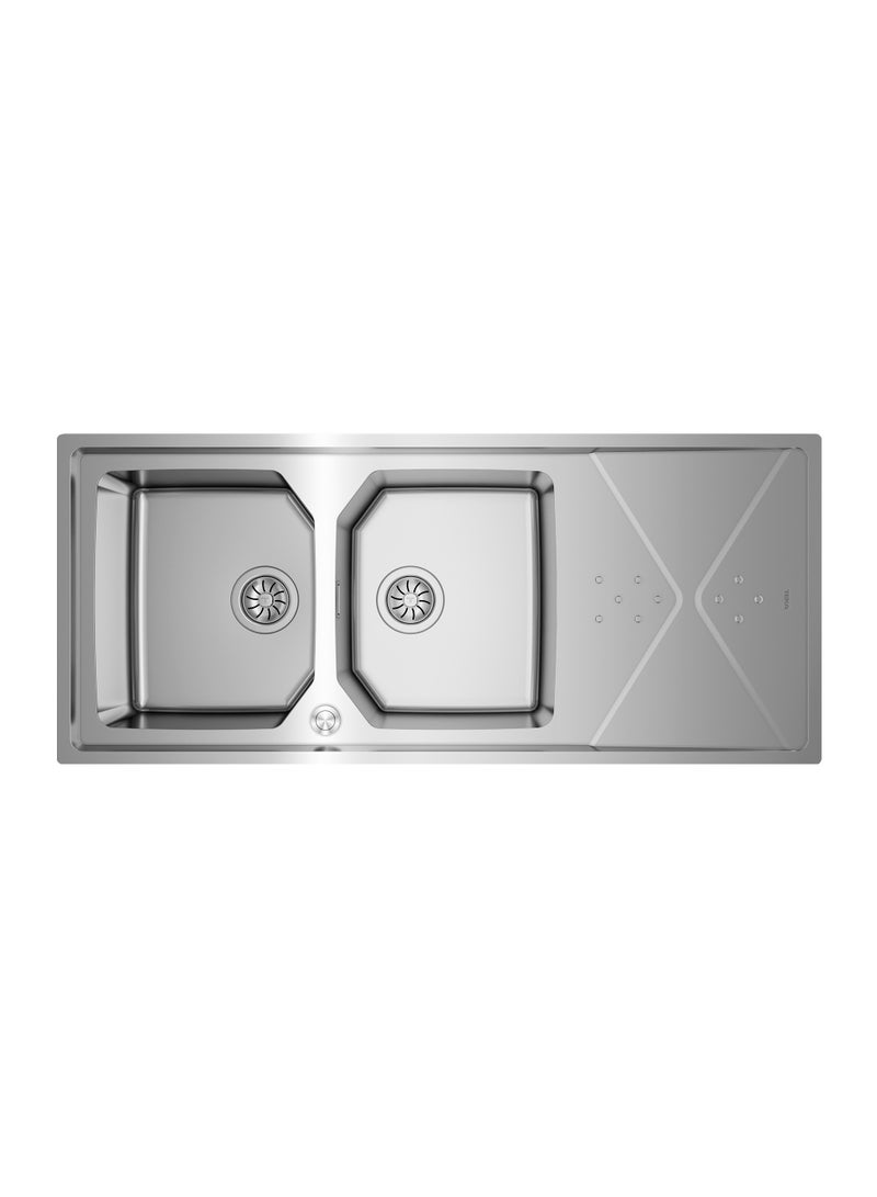 TEKA Brooklyn 80 M-XP 2B 1D Stainless Steel Sink with Two Bowls and Drainer, Reversible Design, Automatic Waste Basket, and Inset Installation for 80 cm Base Unit - Image 1