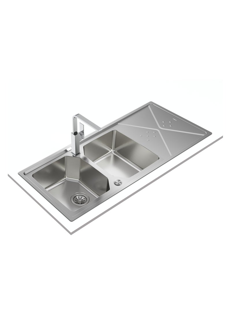 TEKA Brooklyn 80 M-XP 2B 1D Stainless Steel Sink with Two Bowls and Drainer, Reversible Design, Automatic Waste Basket, and Inset Installation for 80 cm Base Unit - Image 2