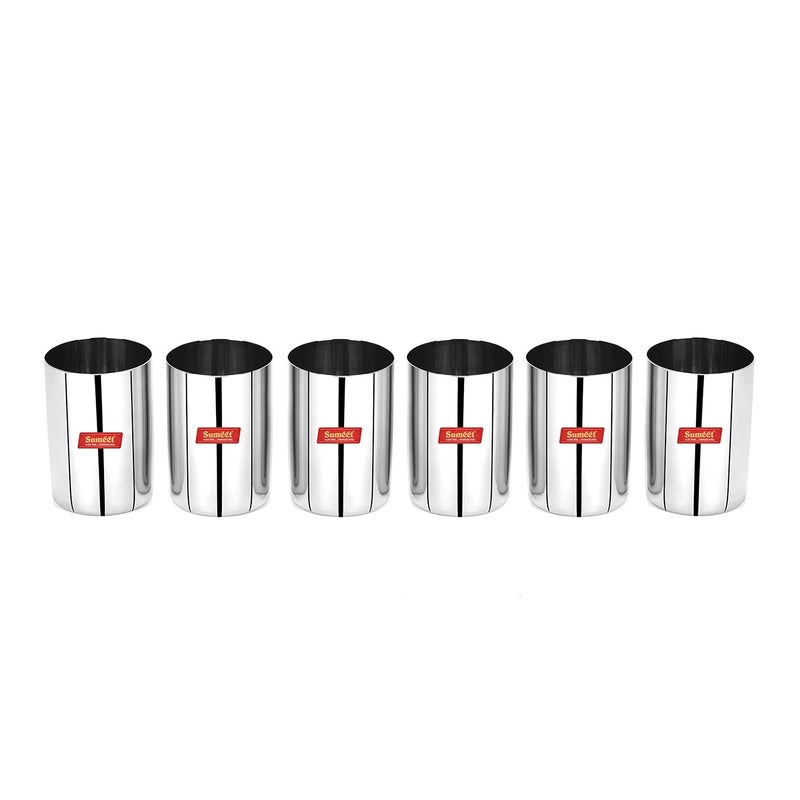 Sumeet Stainless Steel Mirror Finish Circle Shape Heavy Gauge Glass set of 6 Pcs - 6.5cm Dia - (300ml Each), Silver - Image 1