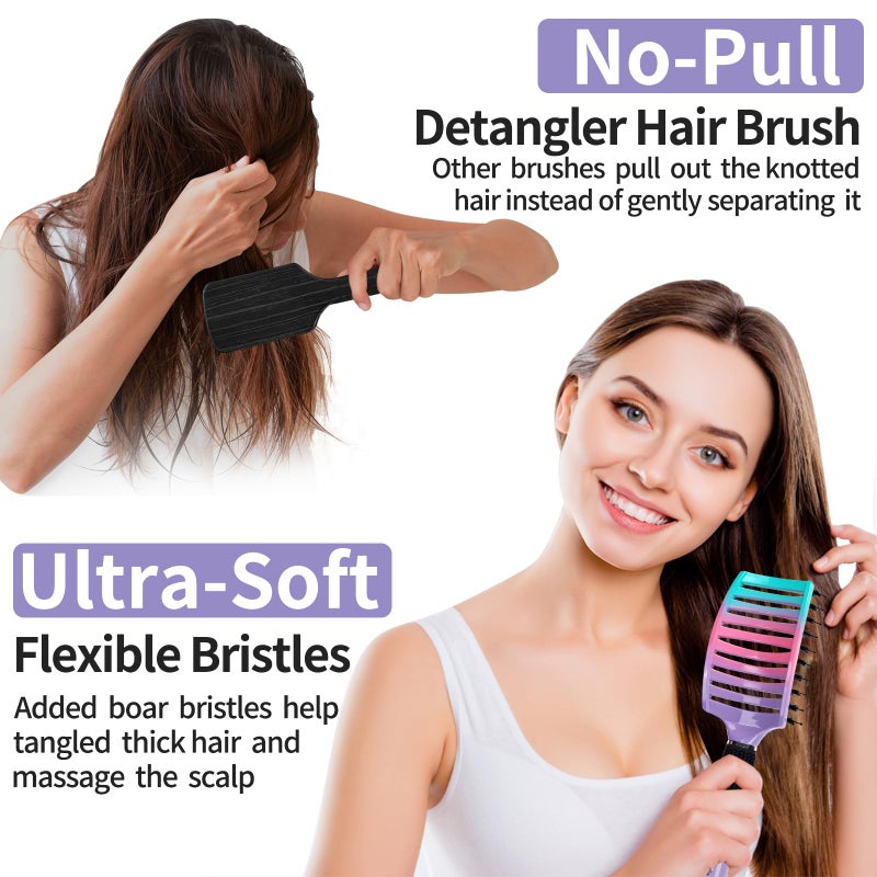 HIPPIH Hair Brushes for Women 2 Pack, HIPPIH Detangler Hair brush for Adult & Kids’ Wet or Dry Hair, Boar Bristle Hair Brush Getting Knots Out without Pain Adds Shine and Makes Hair Smooth - Image 3