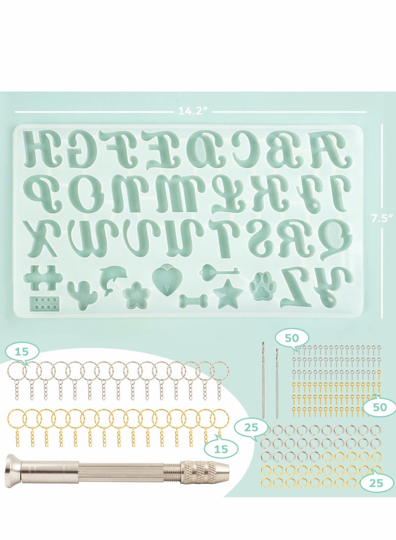 182Pcs Silicone Alphabet Molds Kit for Epoxy Keychain Making - Includes Hand Drill, Bits, Key Rings & Screw Pins - Image 3