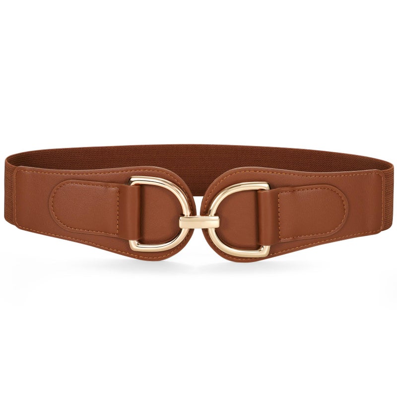 SANSTHS Vintage Women Stretchy Wide Belt Chunky Buckle Elastic Wide Waist Belts for Dresses Coats, Gold Brown M - Image 1