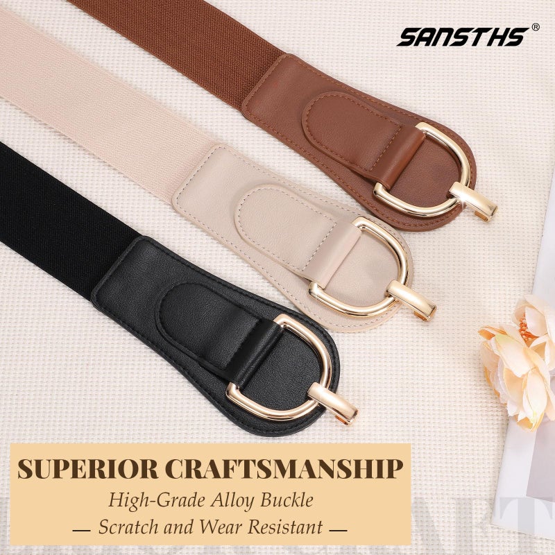 SANSTHS Vintage Women Stretchy Wide Belt Chunky Buckle Elastic Wide Waist Belts for Dresses Coats, Gold Brown M - Image 5