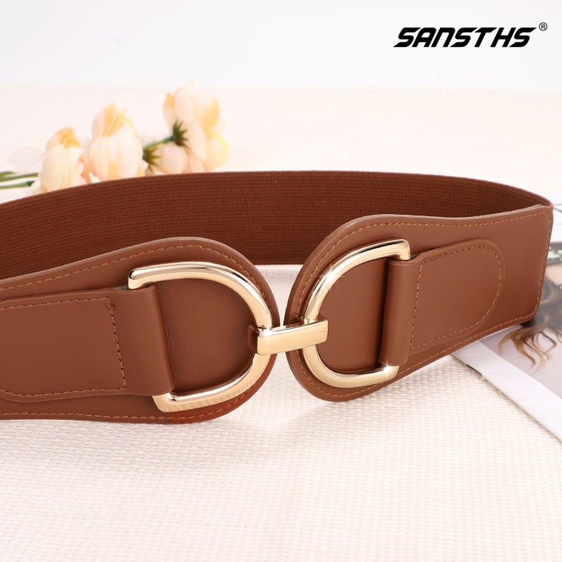 SANSTHS Vintage Women Stretchy Wide Belt Chunky Buckle Elastic Wide Waist Belts for Dresses Coats, Gold Brown M - Image 3